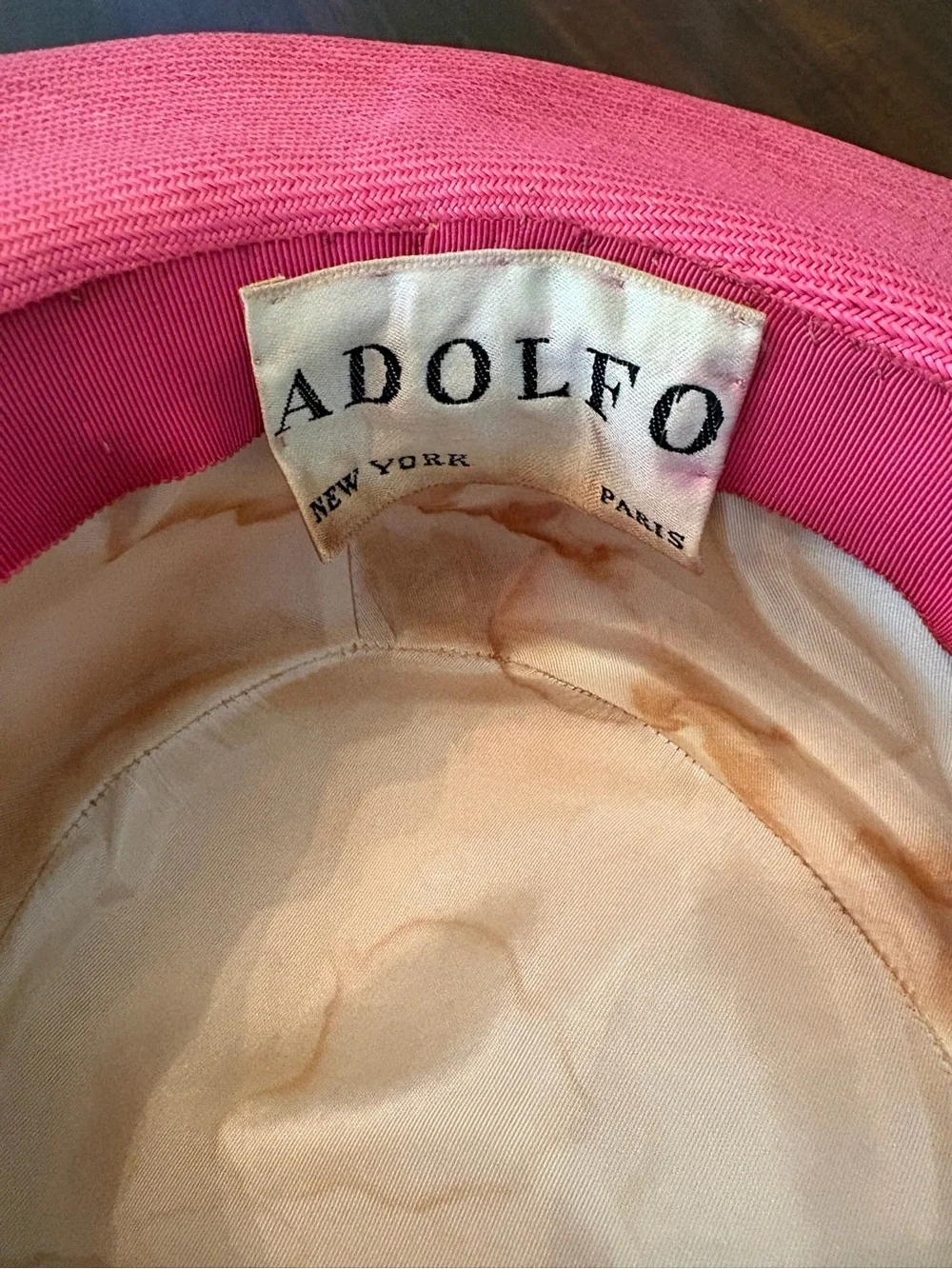 Vintage Adolfo New York Straw Hat Wide Brim Pink Floral Boater Derby